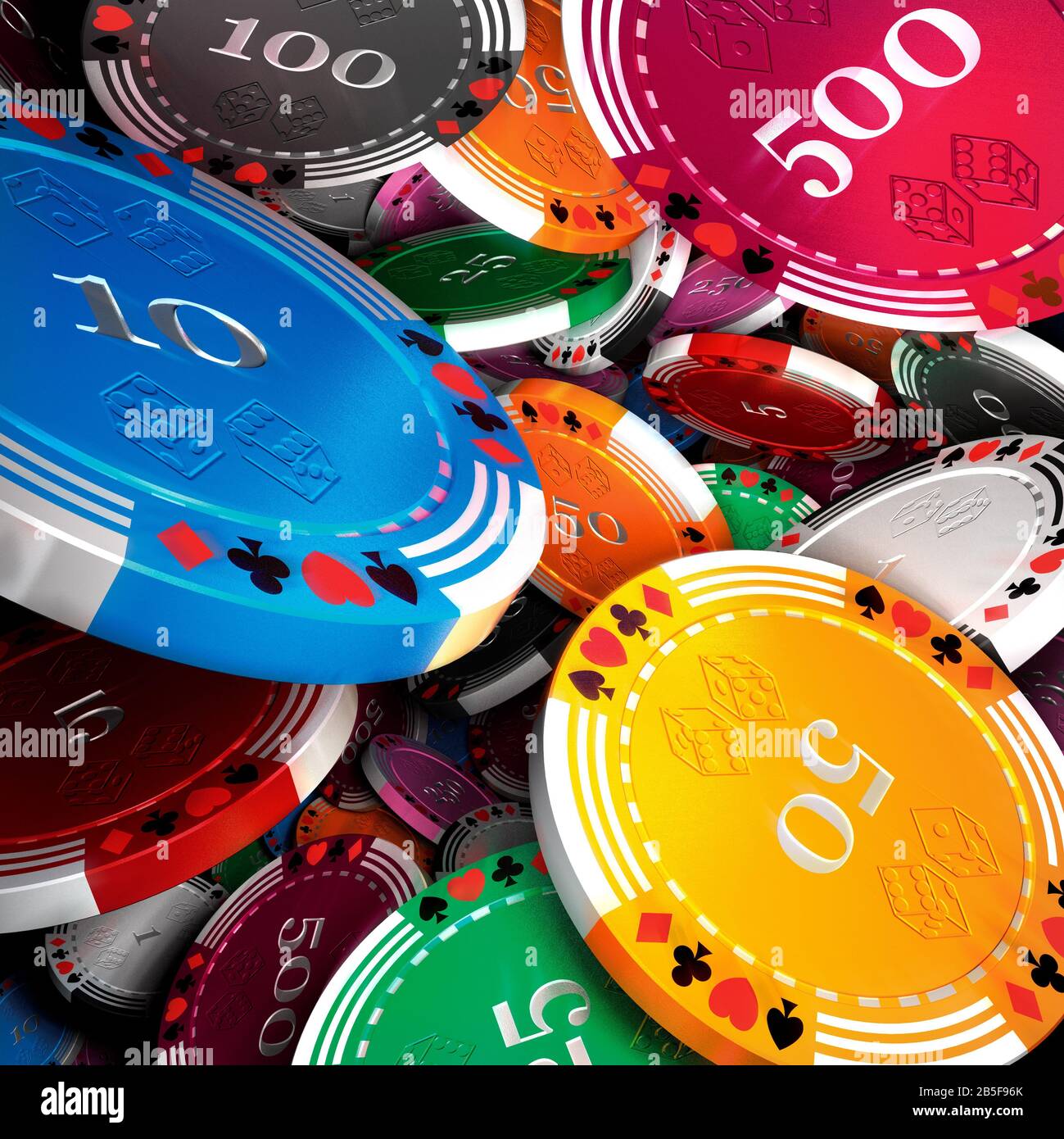 Spielchips fallen, in die Luft geworfen. Zufällige Entscheidung. Risiko. Casino, Las vegas. Stockfoto