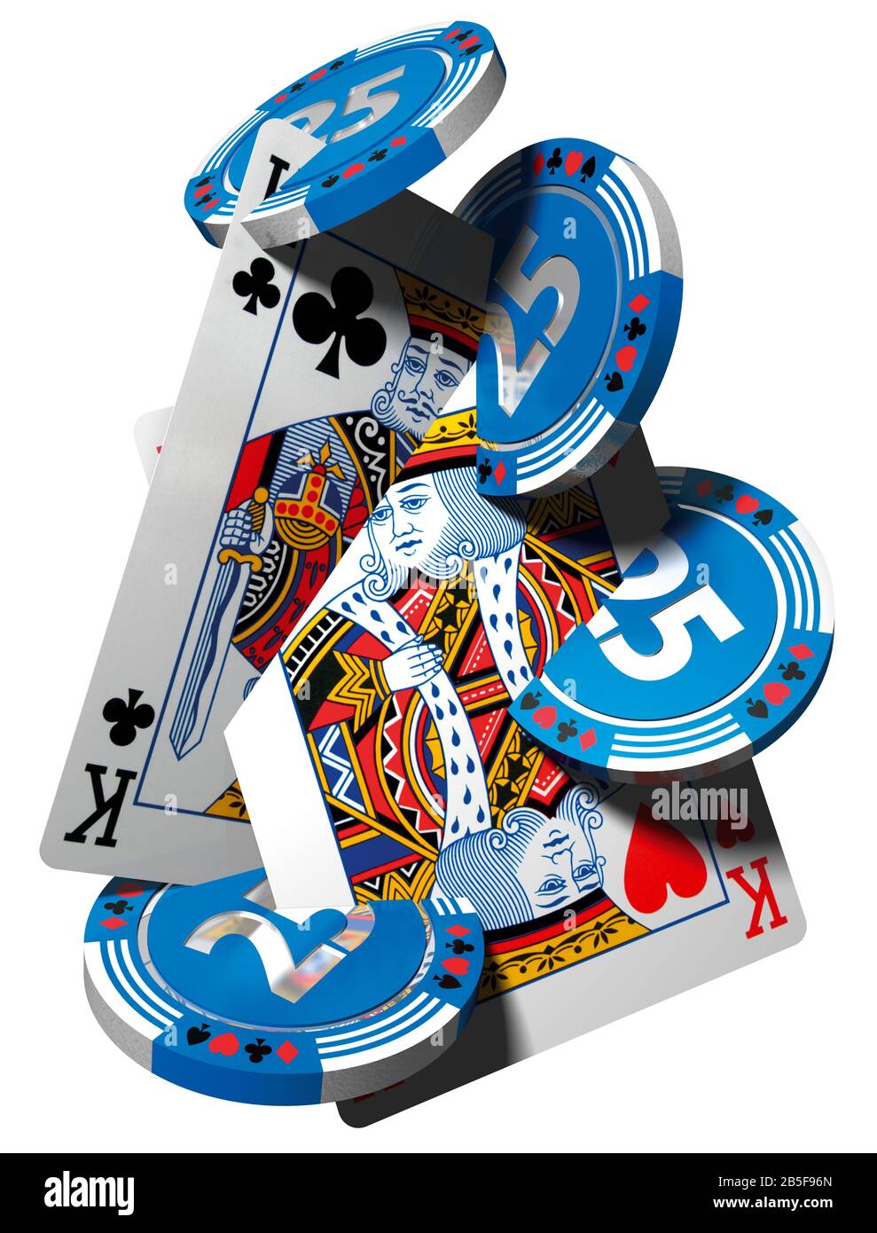 Kartenspiele und Spielchips. Poker, Casino, Gaming. Weißer Hintergrund. Stockfoto