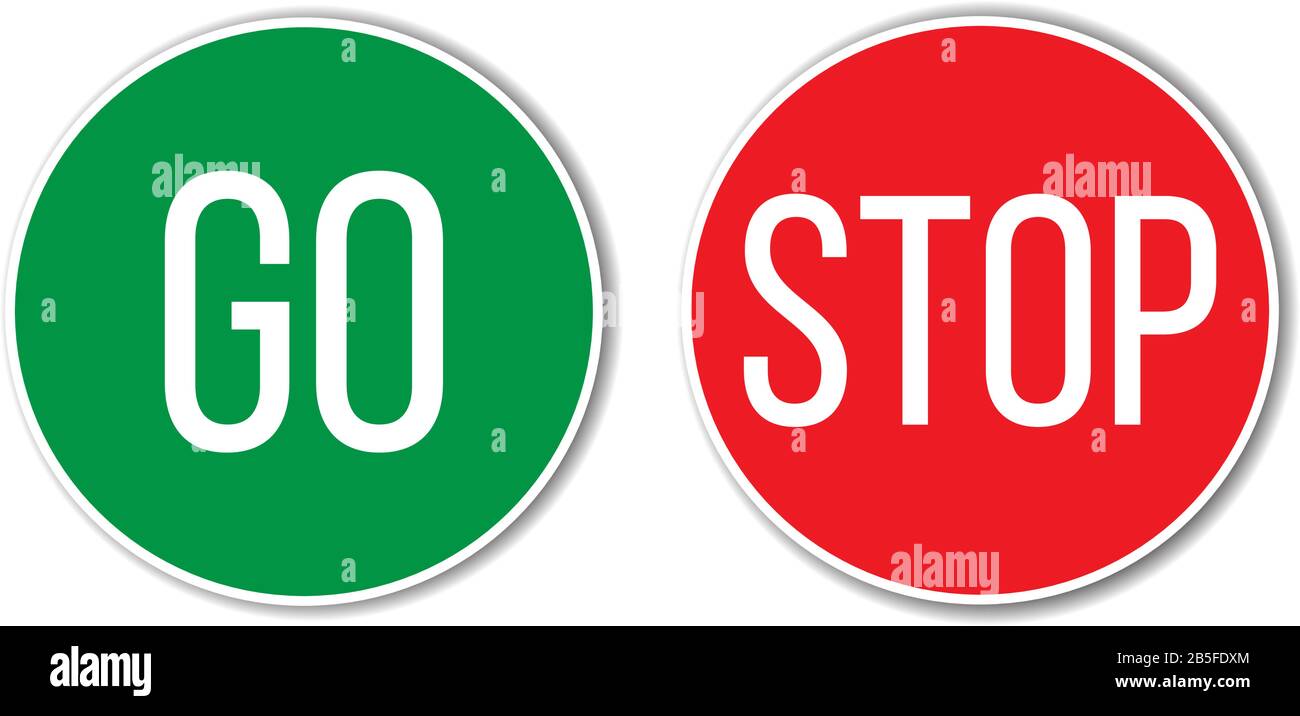 Gehen und HALTEN Sie rot grün links rechts Text auf Tasten ähnlich Verkehrszeichen in leerem weißem Hintergrund mit Schatten. Vektorgrafiken. Stock Vektor