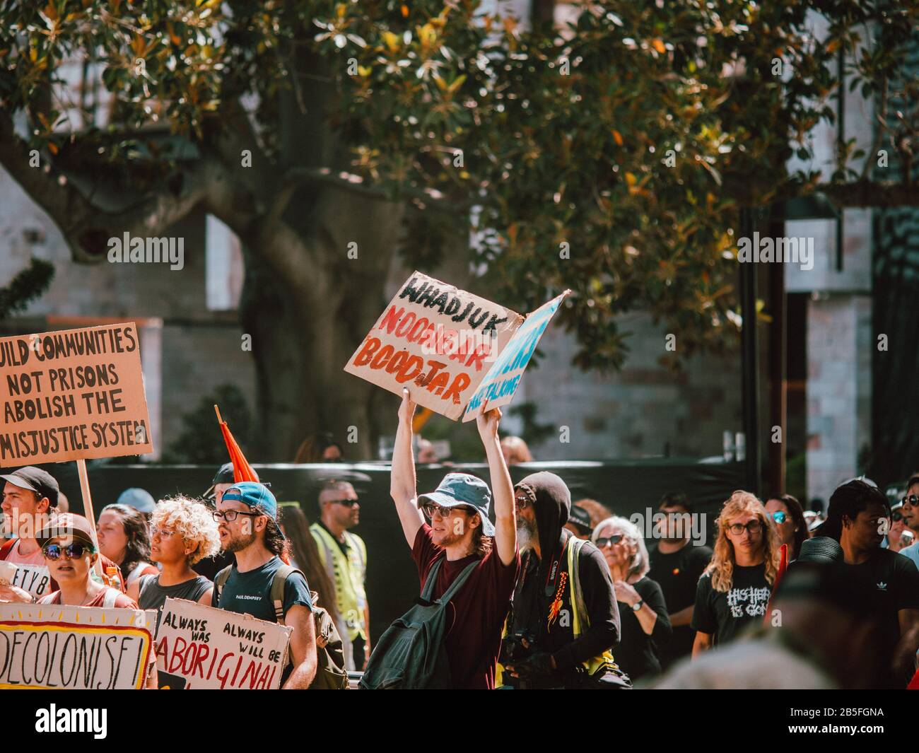 Ein Mann, der am Australia Day in Perth, Australien, protestiert Stockfoto