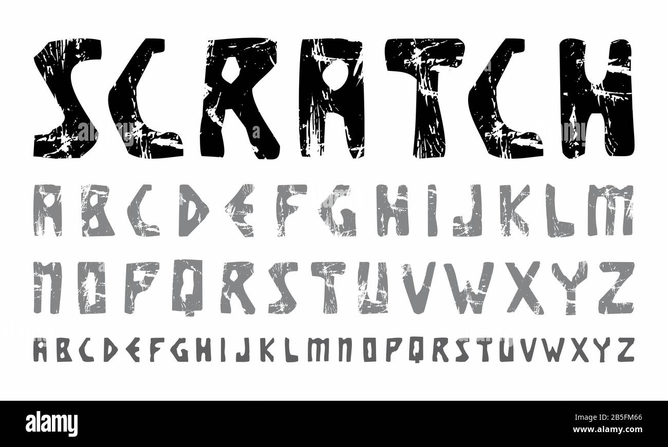 Verkratzte, Handgefertigte Schrift (Vektor-Schriftart). Organische Textur (Holzschnitt, Xylograph) Typografie. Stock Vektor