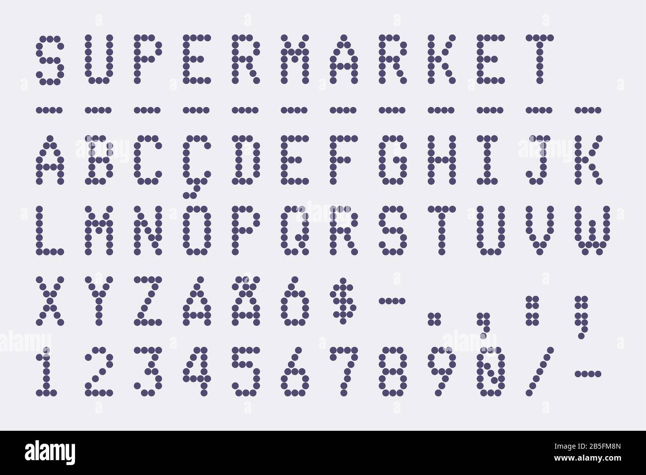 Schriftart für Supermarkt und Bankeingang (Einkaufsrechnung). Schriftart Für Typografie Im Pixelformat (Dot) (Vektorschriftart). Großbuchstaben und Zahlen. Stock Vektor