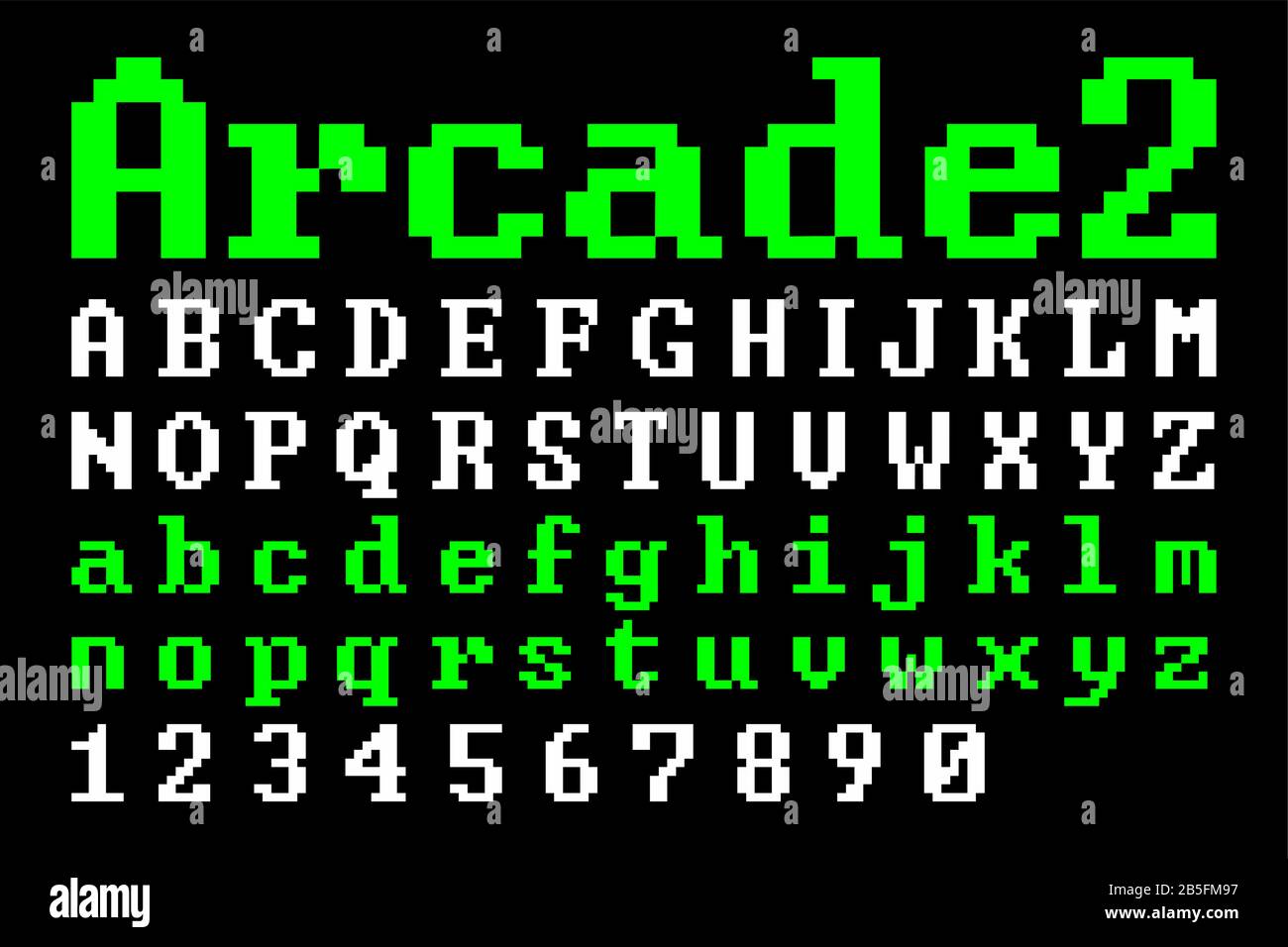 Schriftart für Pixel Arcade (Vektorgrafik) in der alten Schule. Typografie mit flachem, geometrischem Digital-Computer-Spielstil. Großbuchstaben, Kleinbuchstaben und Zahlen. Stock Vektor