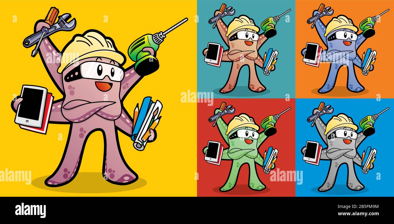 Octopus Worker (Handwerker, Techniker) Cartoon Style Character Design Illustration. Stock Vektor