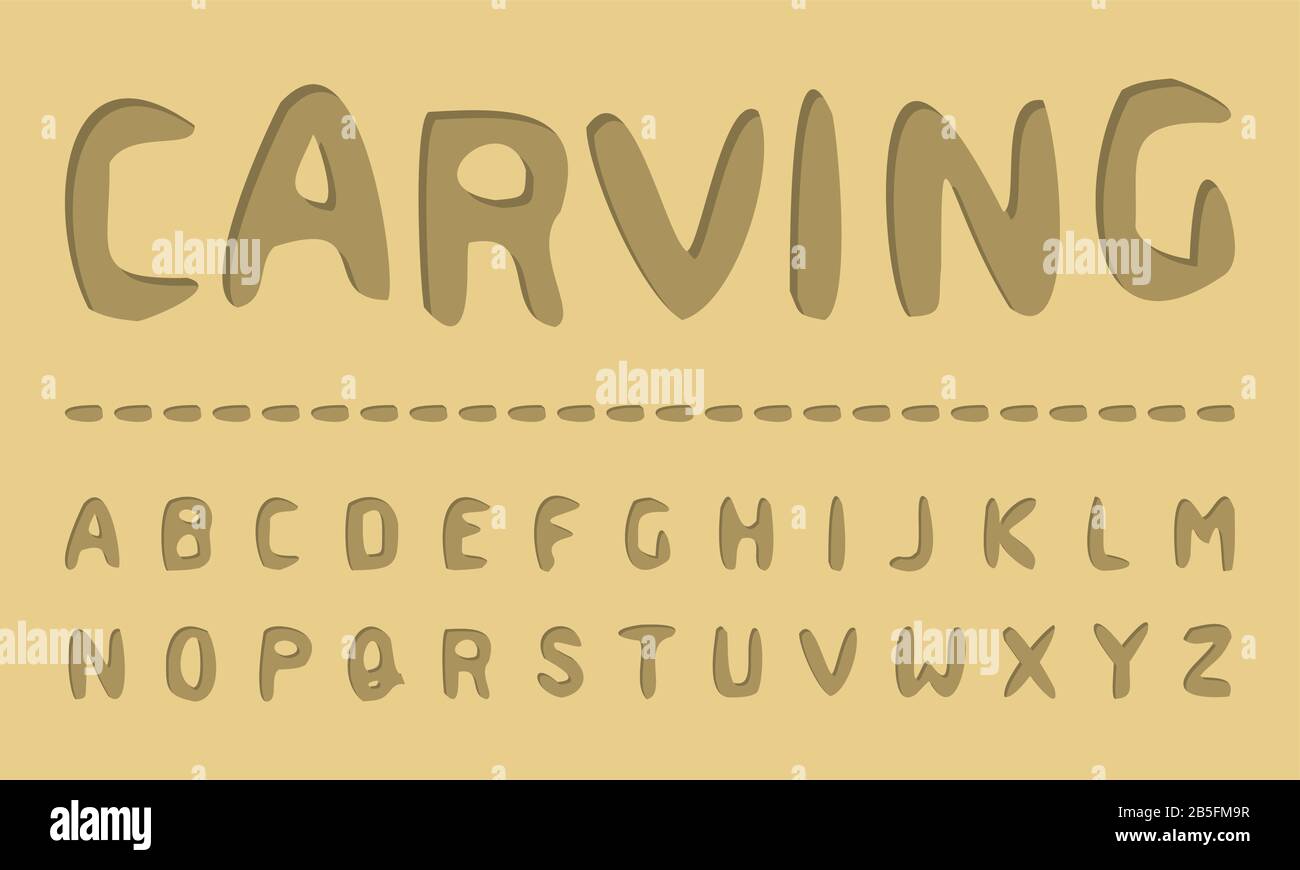 Holzschnitzerei Handgefertigte Schrift (Vektor-Schriftart). Organische (Holzschnitt, Xylograph) Typografie. Stock Vektor