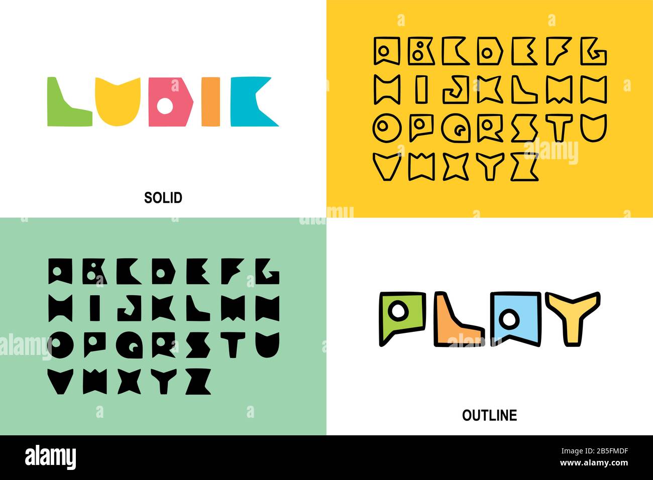 Ludic Children Flat Vector Typeface. Niedliche Cartoon-Schrift im geometrischen Stil in Großbuchstaben. Durchgezogene Füll- und Konturtypografie. Stock Vektor