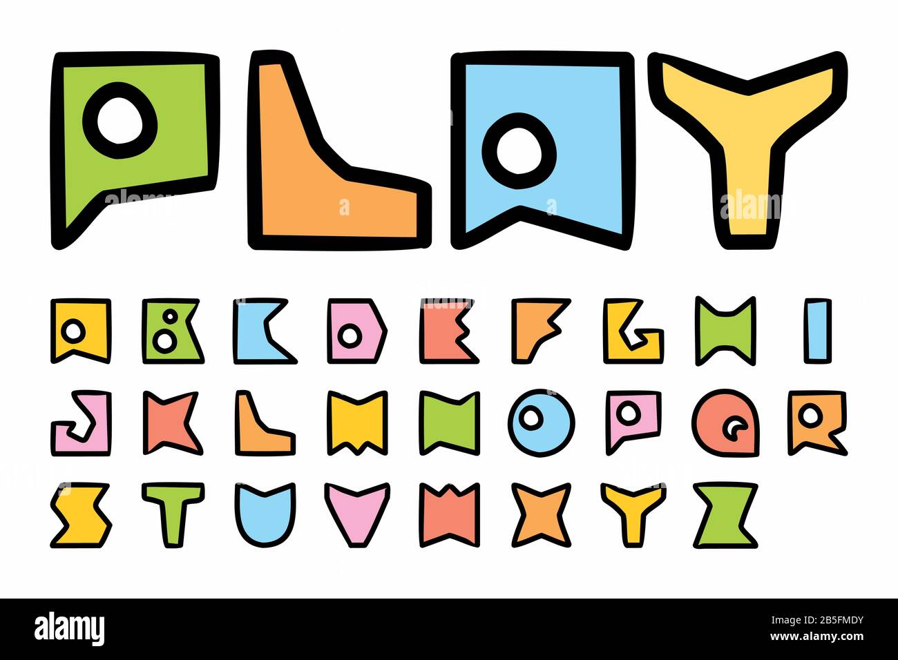 Ludic Children Flat Vector Typeface. Niedliche Cartoon-Schrift im geometrischen Stil in Großbuchstaben. Durchgezogene Füll- und Konturtypografie. Stock Vektor