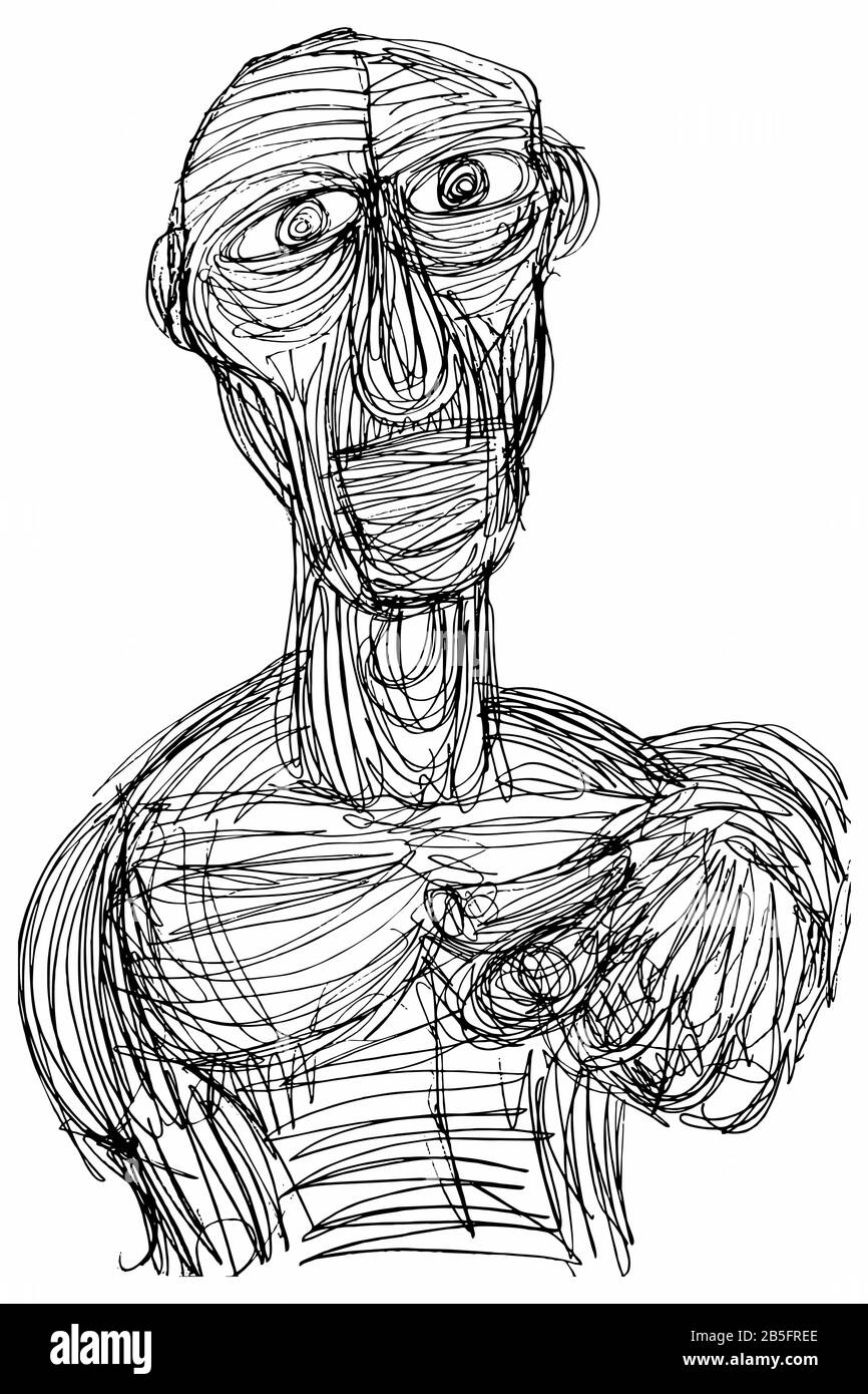 Farbzeichnung (Skizze, Hatch-Arbeit) eines Ausdrucksstarken Gesichts (Alter Mann) in einem Texturierten, Einzigartigen Stil. Künstlerische manuelle Darstellung wurde zum Vektor. Stock Vektor