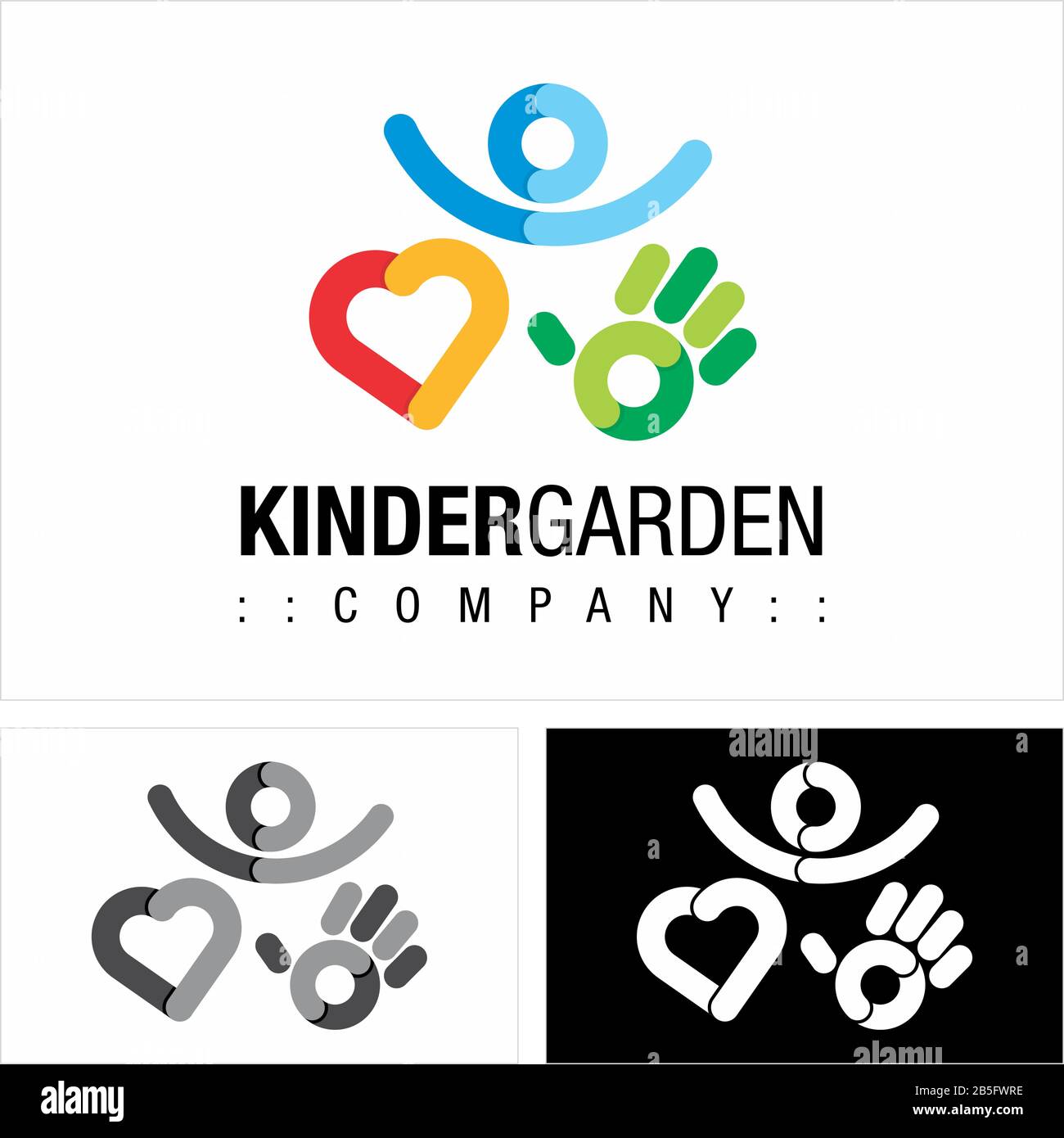 Multi-Element-Logo für Kinder (Person), Herz, Hand Vector Symbol Company (Schule, Kinder Garten) (Logotyp). Symbol Für Geometrische, Ebenen, Origami Und Kid Style Stock Vektor
