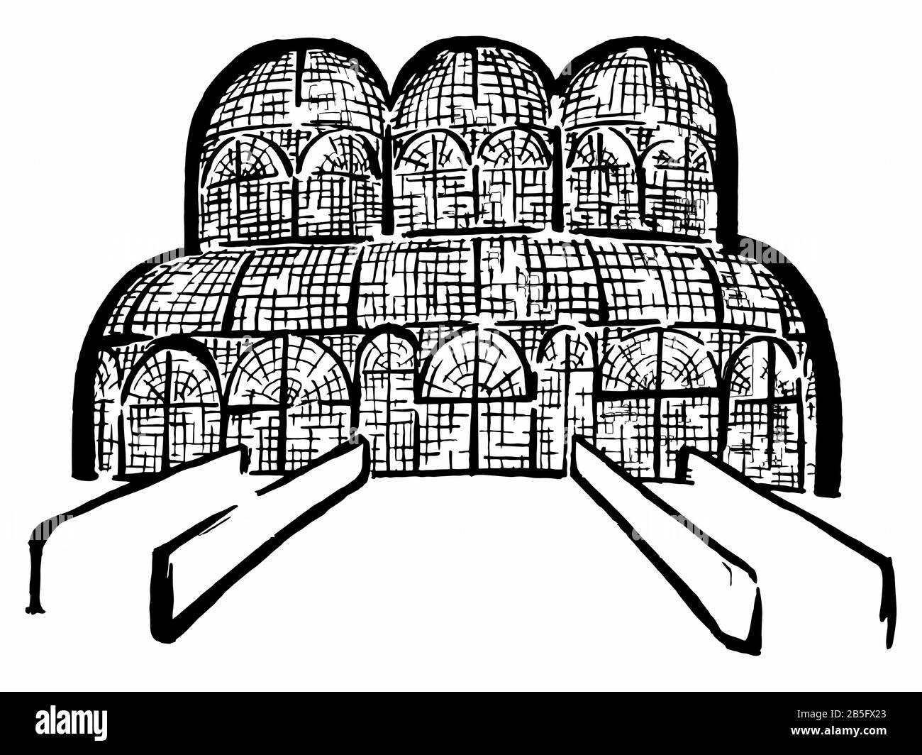 Tuschezeichnung des Gewächshauses des Botanischen Gartens von Curitiba (Touristenort, Landmark, Berühmter Ort). Artistic Cartoon Style Manuelle Illustration Stock Vektor