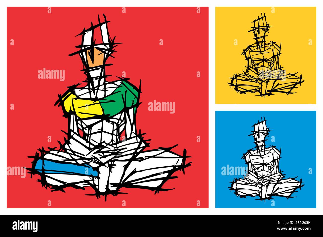 Tuschenzeichnung (Hatch-Arbeit) der Person der Meditationsstellung (Yoga, Denken) in einem Texturierten, Einzigartigen Stil. Künstlerische Querlinien Manuelle Abbildung auf Vec gestellt Stock Vektor