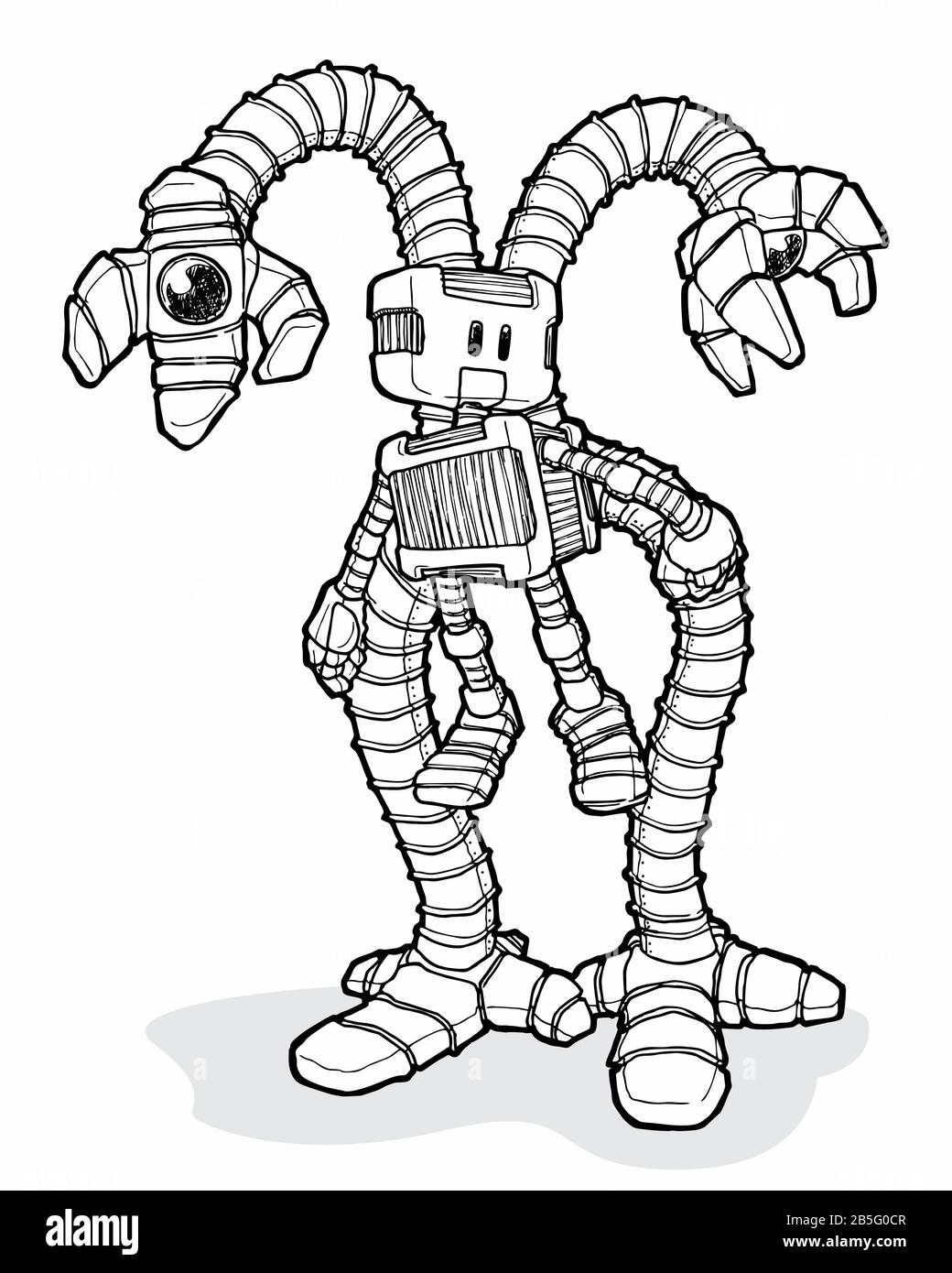 Farbzeichnung des Roboters mit langen Zusatzarmen. Künstlerische Darstellung im Cartoon Style Manuelle Darstellung wurde zu Vector. Technologie, Robotik, Künstliche Intelligenz. Stock Vektor