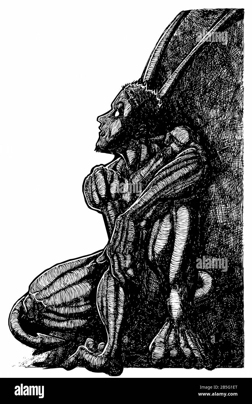 Tuschenzeichnung (Hatch-Werk) von Luzifer (dunkler Engel, Teufel), die auf dem Kopf in einem Texturierten, Einzigartigen Stil aussieht. Künstlerische manuelle Darstellung wurde zum Vektor. Stock Vektor
