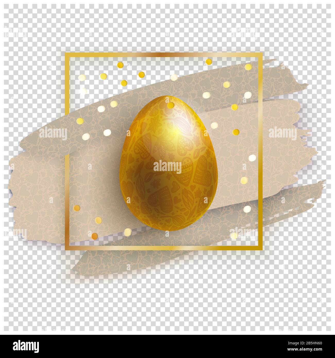 Goldenes Osterei auf dem Goldplatz mit beigefarbenen Blots auf transparentem Hintergrund. Goldenes Oster-Banner. Stock Vektor