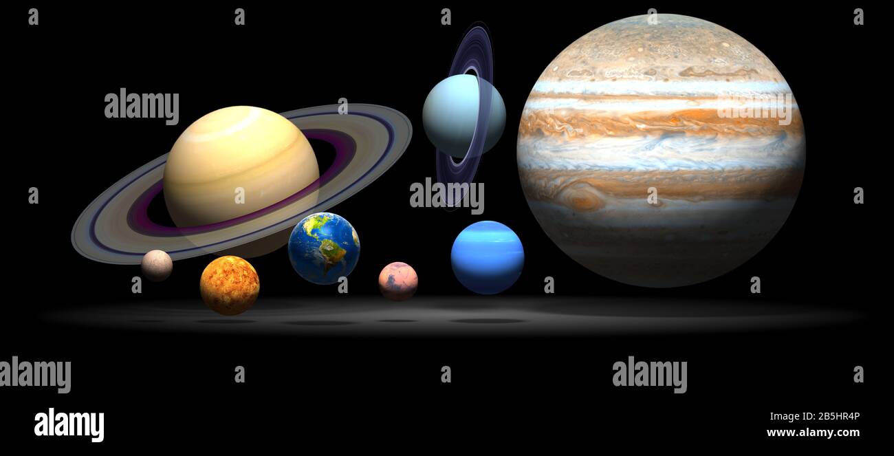 Planeten. Planet. Das Sonnensystem auf schwarzem Hintergrund. Quecksilber, Venus, Erde, Mars, Jupiter, Saturn, Neptun, Uranus. Stockfoto