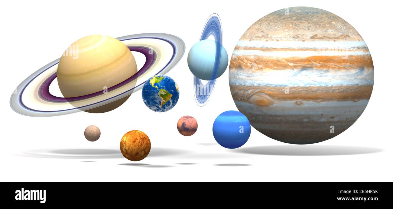 Planeten. Planet. Das Sonnensystem hat einen weißen Hintergrund. Quecksilber, Venus, Erde, Mars, Jupiter, Saturn, Neptun, Uranus. Stockfoto