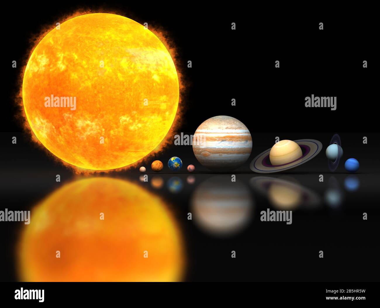 Planeten. Planet. Das Sonnensystem auf schwarzem Hintergrund: Sonne, Merkur, Venus, Erde, Mars, Jupiter, Saturn, Neptun, Uranus. Stockfoto