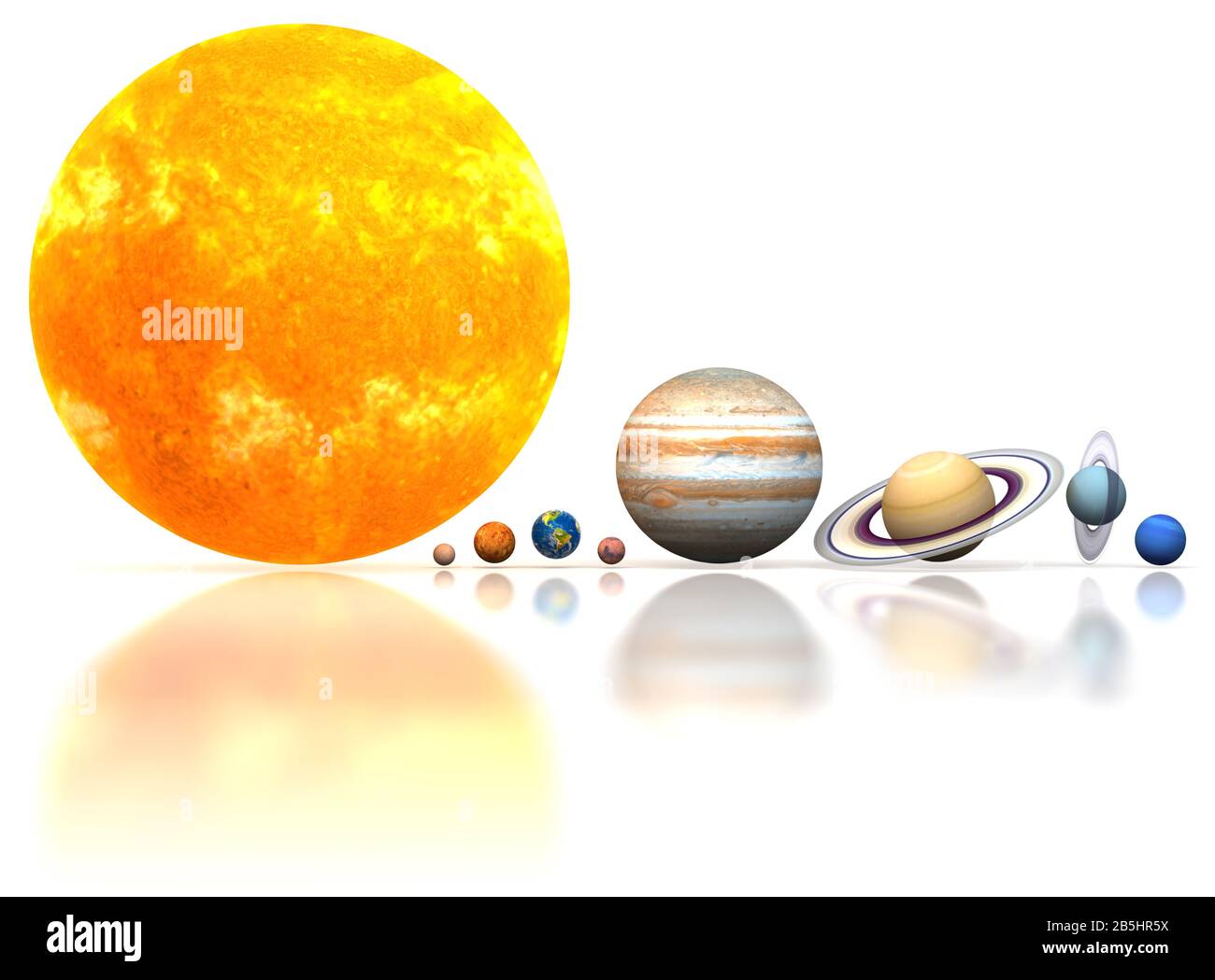 Planeten. Planet. Das Sonnensystem auf weißem Hintergrund. Ausschneiden. Sonne, Merkur, Venus, Erde, Mars, Jupiter, Saturn, Neptun, Uranus. Stockfoto