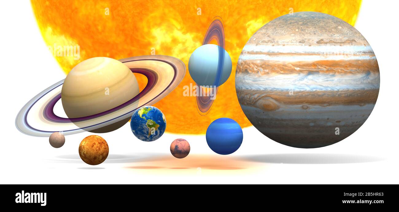 Planeten. Planet. Das Sonnensystem auf weißem Hintergrund. Ausschneiden. Sonne, Merkur, Venus, Erde, Mars, Jupiter, Saturn, Neptun, Uranus. Stockfoto