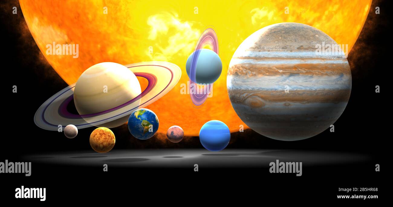 Planeten. Planet. Das Sonnensystem auf schwarzem Hintergrund. Sonne, Merkur, Venus, Erde, Mars, Jupiter, Saturn, Neptun, Uranus. Stockfoto