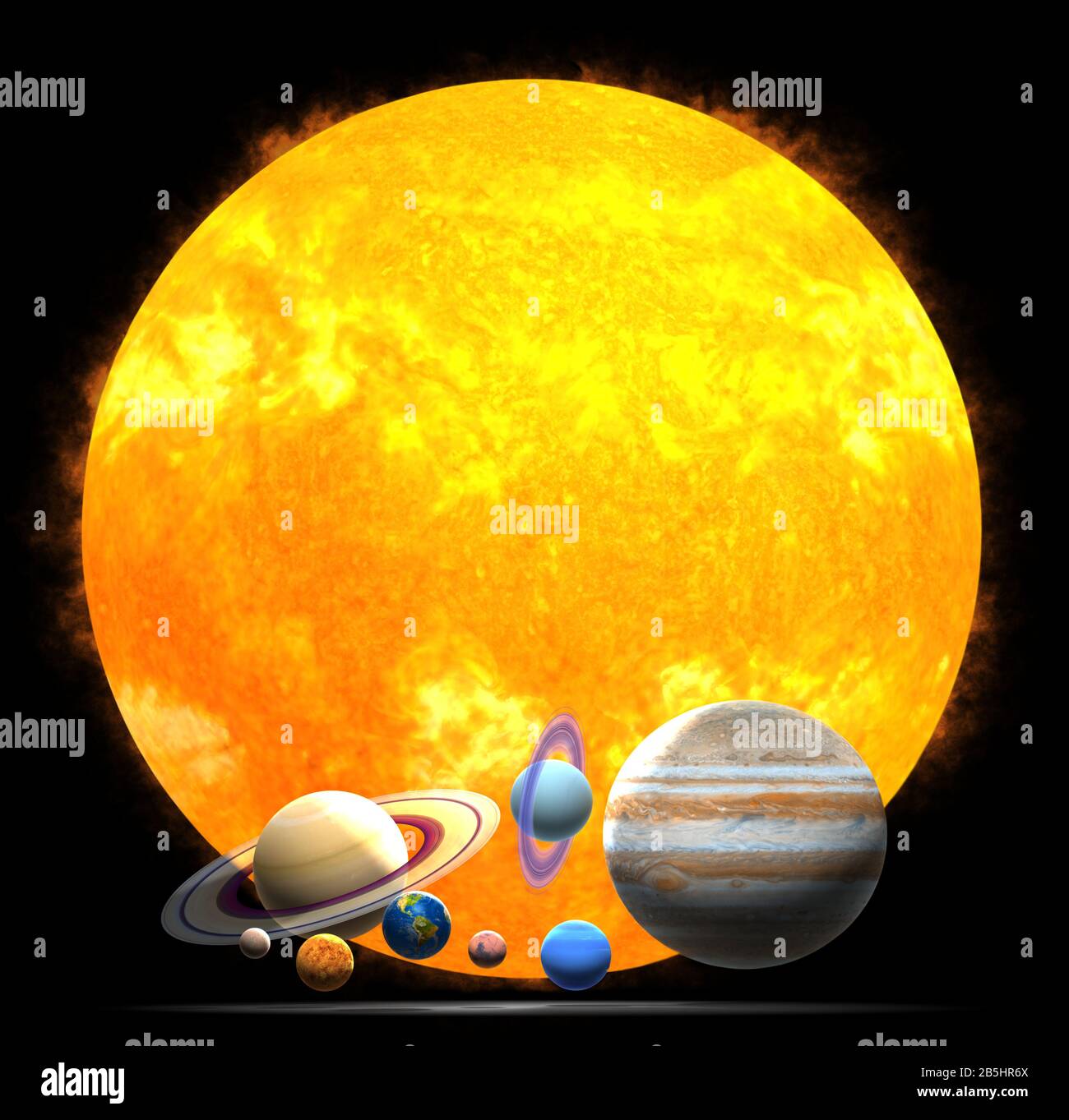 Planeten. Planet. Das Sonnensystem auf schwarzem Hintergrund: Sonne, Merkur, Venus, Erde, Mars, Jupiter, Saturn, Neptun, Uranus. Stockfoto