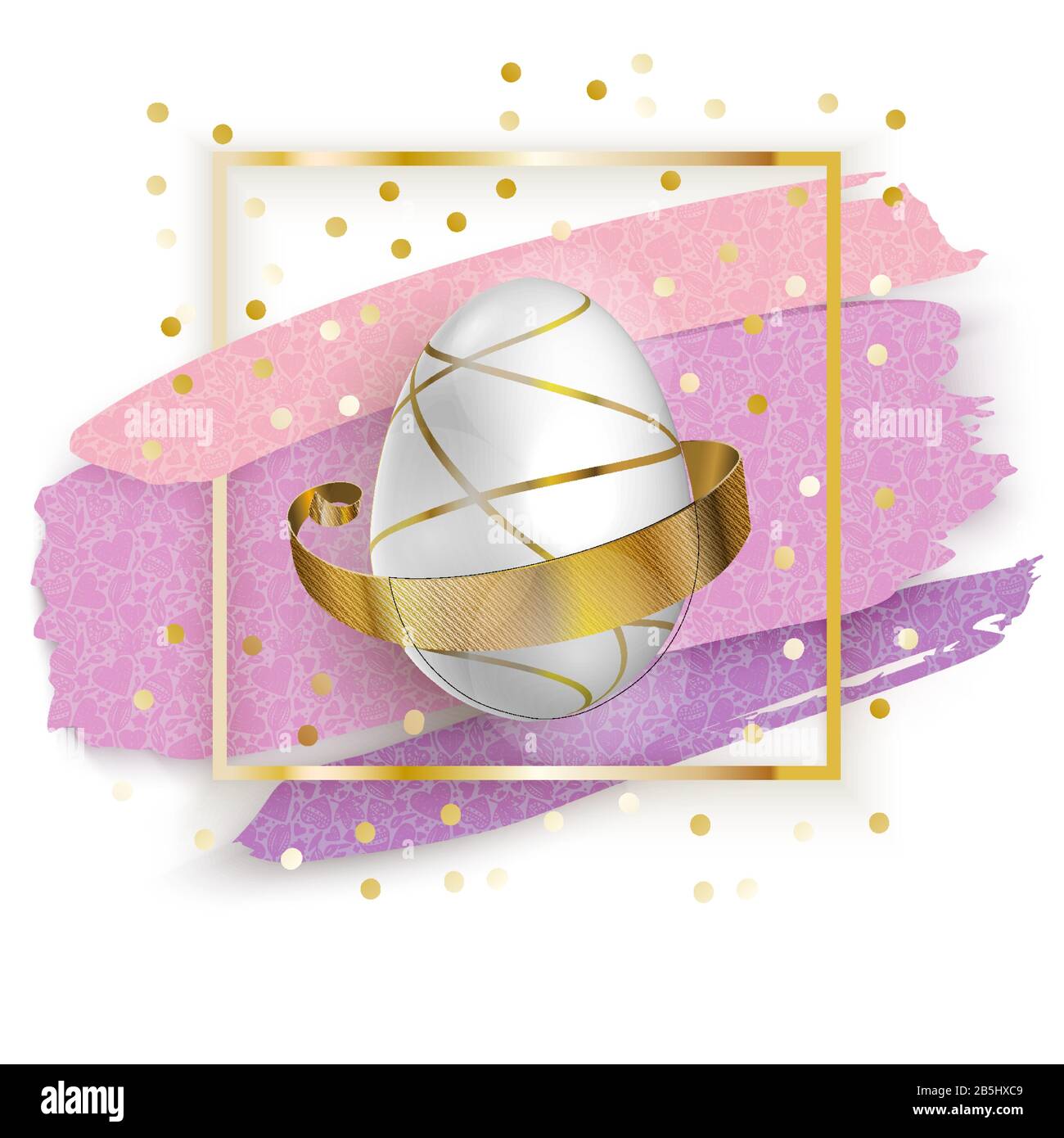 Weisses Osterei auf dem Goldplatz mit rosafarbenen Blots auf weißem Hintergrund. Grunge. Oster-Banner. Stock Vektor
