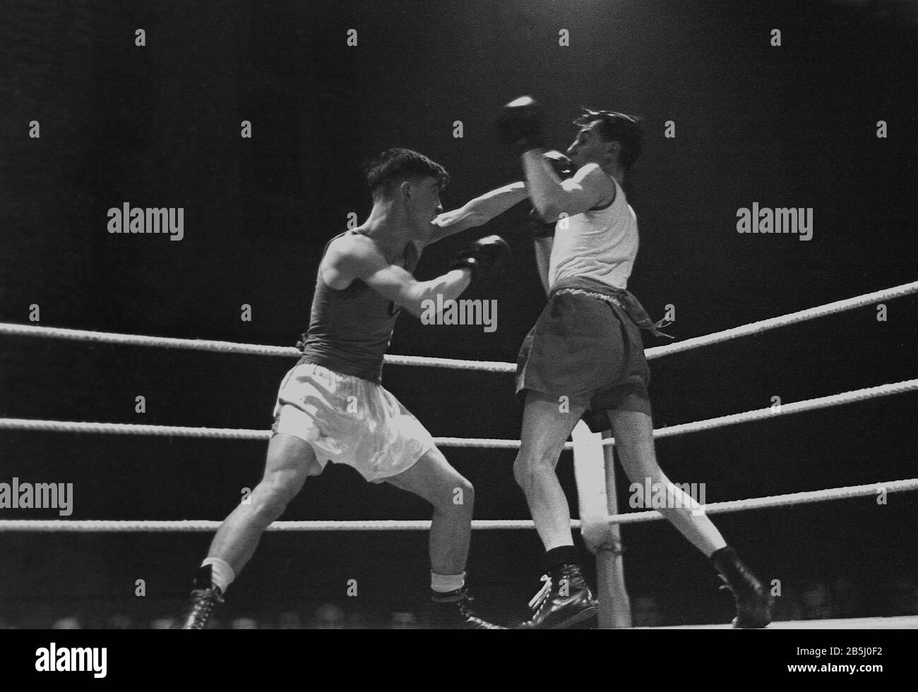 1950er Jahre, historisches Amateurboxen dieser Ära, zwei junge männliche Boxer kämpfen in einem Ring, einer wirft mit der linken Hand, ein Schlag ins Gesicht des anderen, England, Großbritannien. Stockfoto