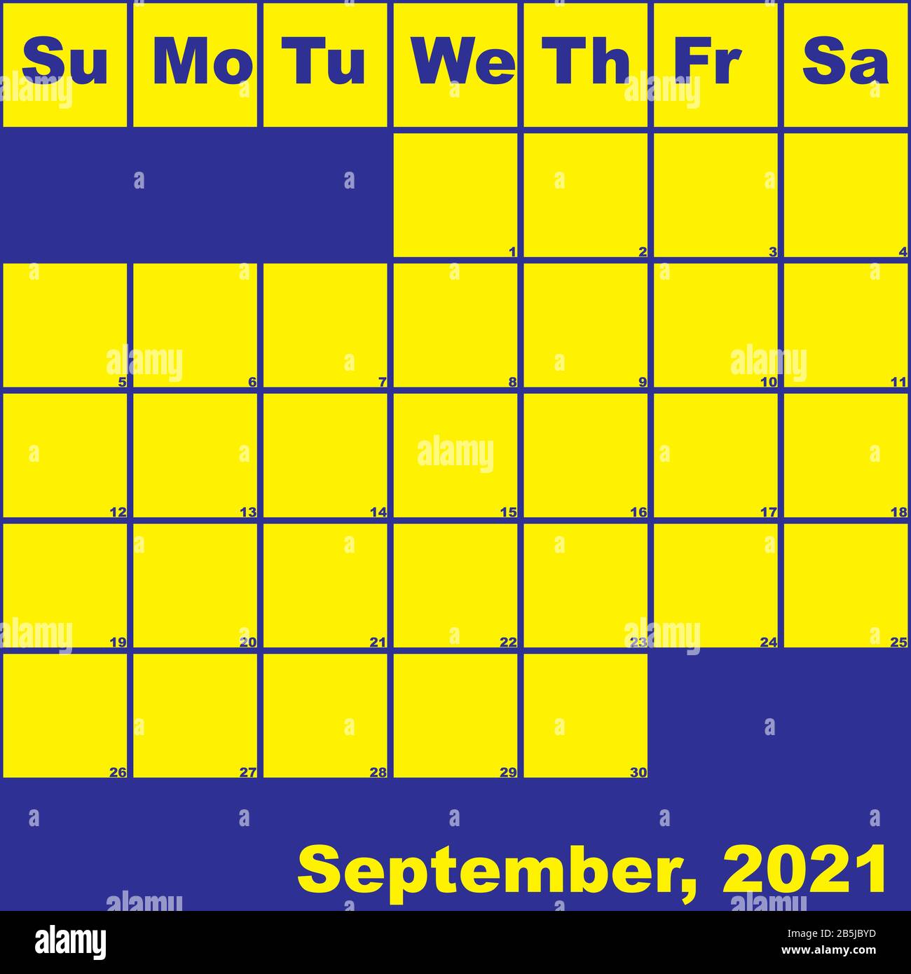 2021. September gelb auf blauem Planer Kalender mit großem Platz für Notizen Stock Vektor