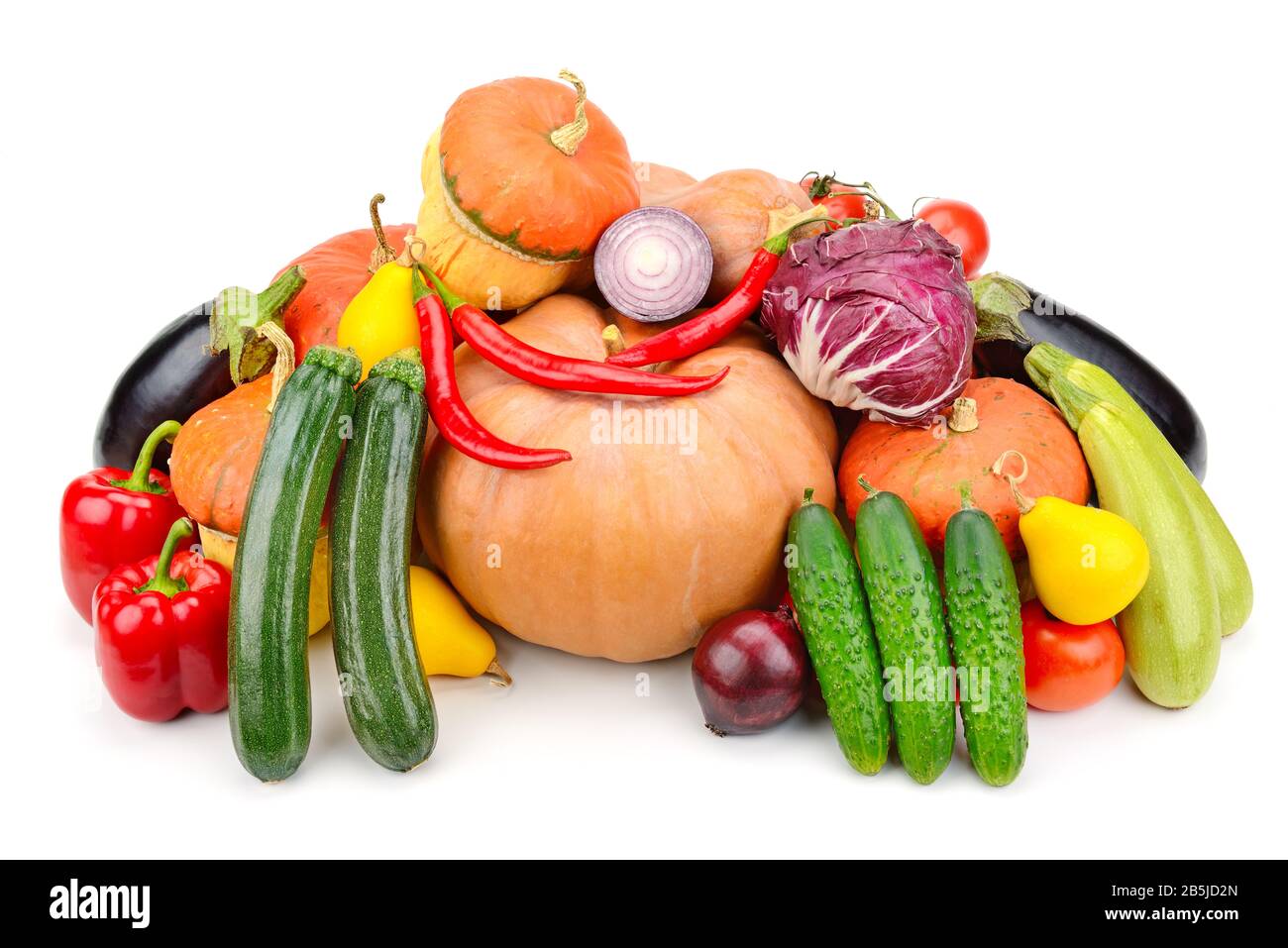 Haufen Sie verschiedene Früchte, Gemüse und Beeren isoliert auf weißem Hintergrund Stockfoto