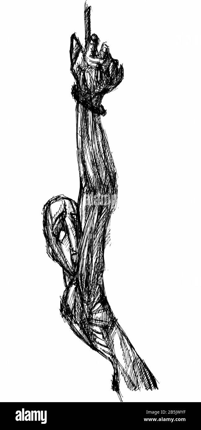 Farbzeichnung (Hatch Work) des Konturierten, Detailreichen Muskulösen Körpers in einem Texturierten, Einzigartigen Stil. Künstlerische Manuelle Illustration. Schmerzängstigkeit, Angst Vor Der Depression. Stockfoto