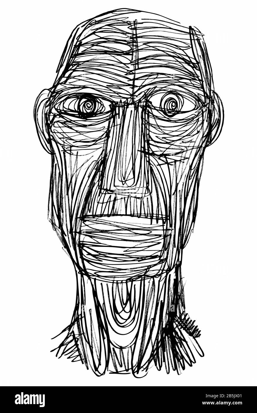 Farbzeichnung (Skizze, Hatch-Arbeit) eines Ausdrucksstarken Gesichts (Alter Mann) in einem Texturierten, Einzigartigen Stil. Künstlerische Manuelle Illustration. Stockfoto