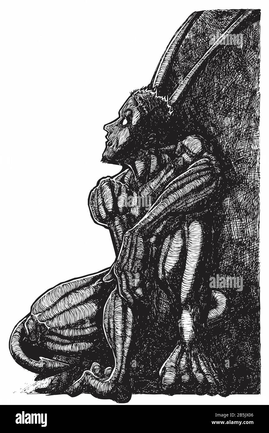 Tuschenzeichnung (Hatch-Werk) von Luzifer (dunkler Engel, Teufel), die auf dem Kopf in einem Texturierten, Einzigartigen Stil aussieht. Künstlerische Manuelle Illustration. Stockfoto