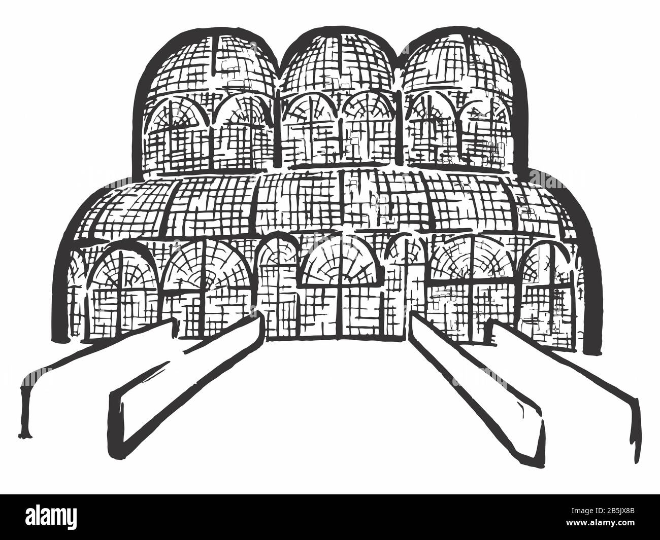 Tuschezeichnung des Gewächshauses des Botanischen Gartens von Curitiba (Touristenort, Landmark, Berühmter Ort). Artistic Cartoon Style Manuelle Illustration. Stockfoto