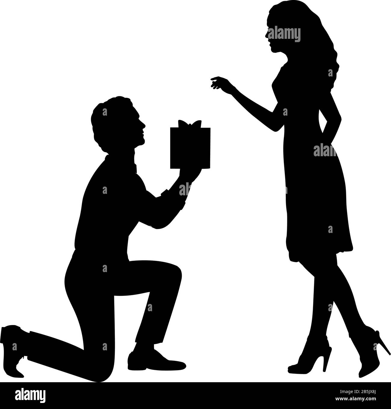 Die Silhouette eines Mannes, der auf dem Knie steht, gibt der Frau ein Geschenk. Grafiksymbol der Abbildung Stock Vektor