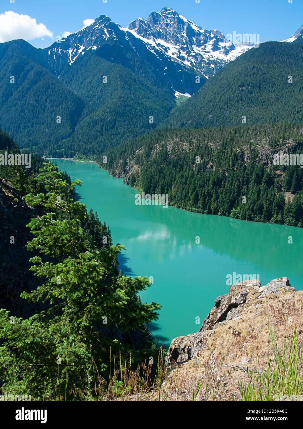 Landschaft des Ross Lake Washington, atemberaubende Natur dieses Pazifischen Nordwest-Sees mit tiefgrünem Wasser und schneebedeckten Bergen. Stockfoto