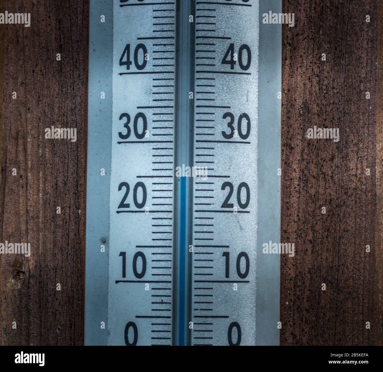 Thermometer in Grad celsius an der Holzwand kalibriert, Konzept von Welttemperatur und Wetter. Stockfoto