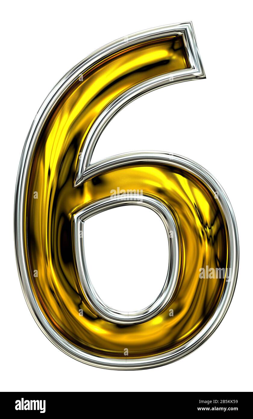 3D-Rendering, Nummer sechs 6. Cooles ABC-Rendering mit hoher Auflösung. Schriftart für die knackige Türnummer. Metallprägung hell. Silberumrandet. Isoliert auf weißer BA Stockfoto