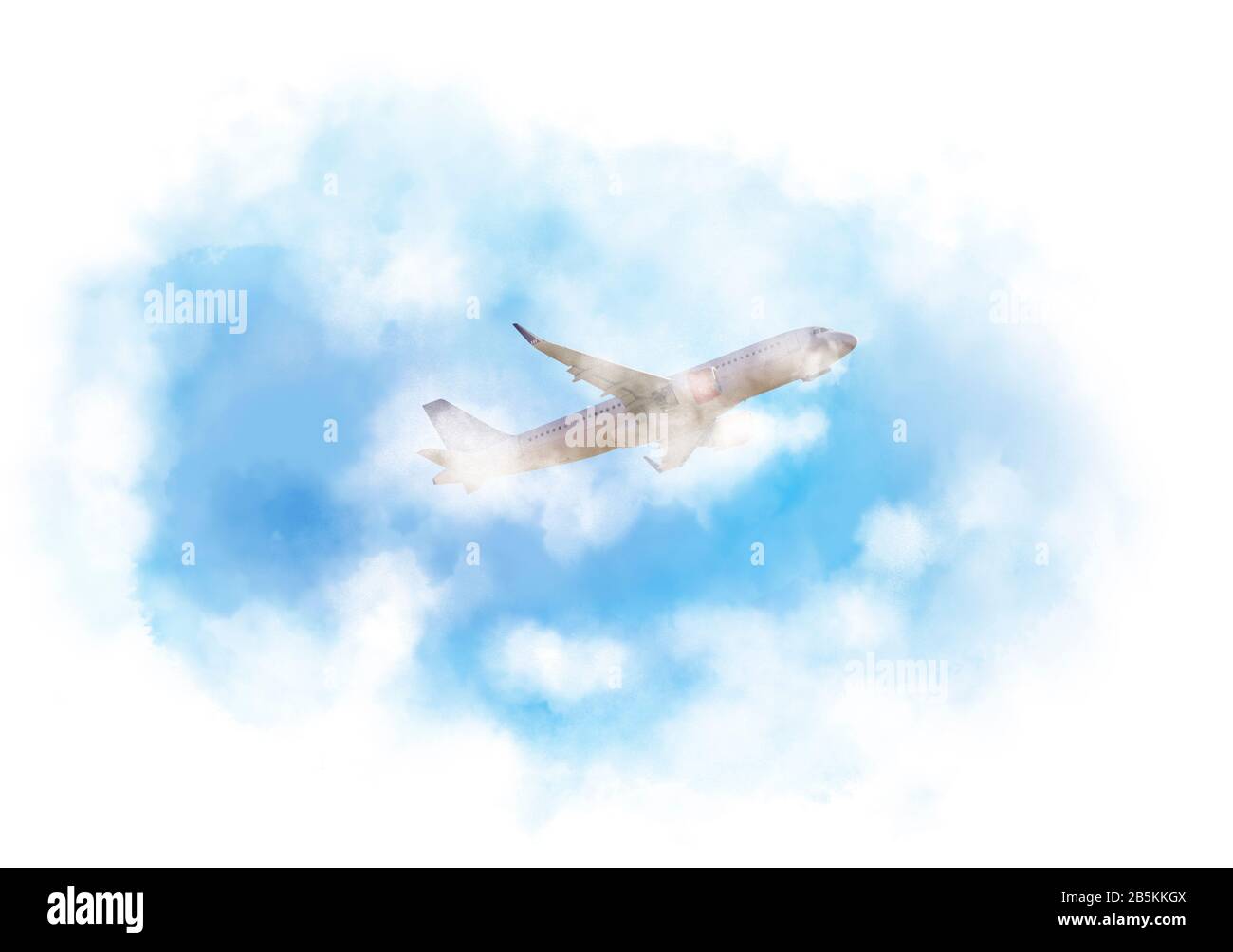 Ein Flugzeug, das durch nebelige Wolken am Himmel fliegt. Collage mit Wolken mit computergeneriertem Aquarellbild auf weißem Hintergrund mit Kopie Stockfoto