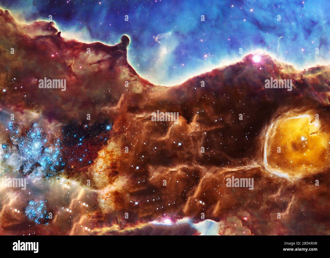 Stardust irgendwo im tiefen Raum. Großsternenbildende Region. Science-Fiction-Hintergrundbild. Elemente dieses Bildes wurden von der NASA eingerichtet. Stockfoto