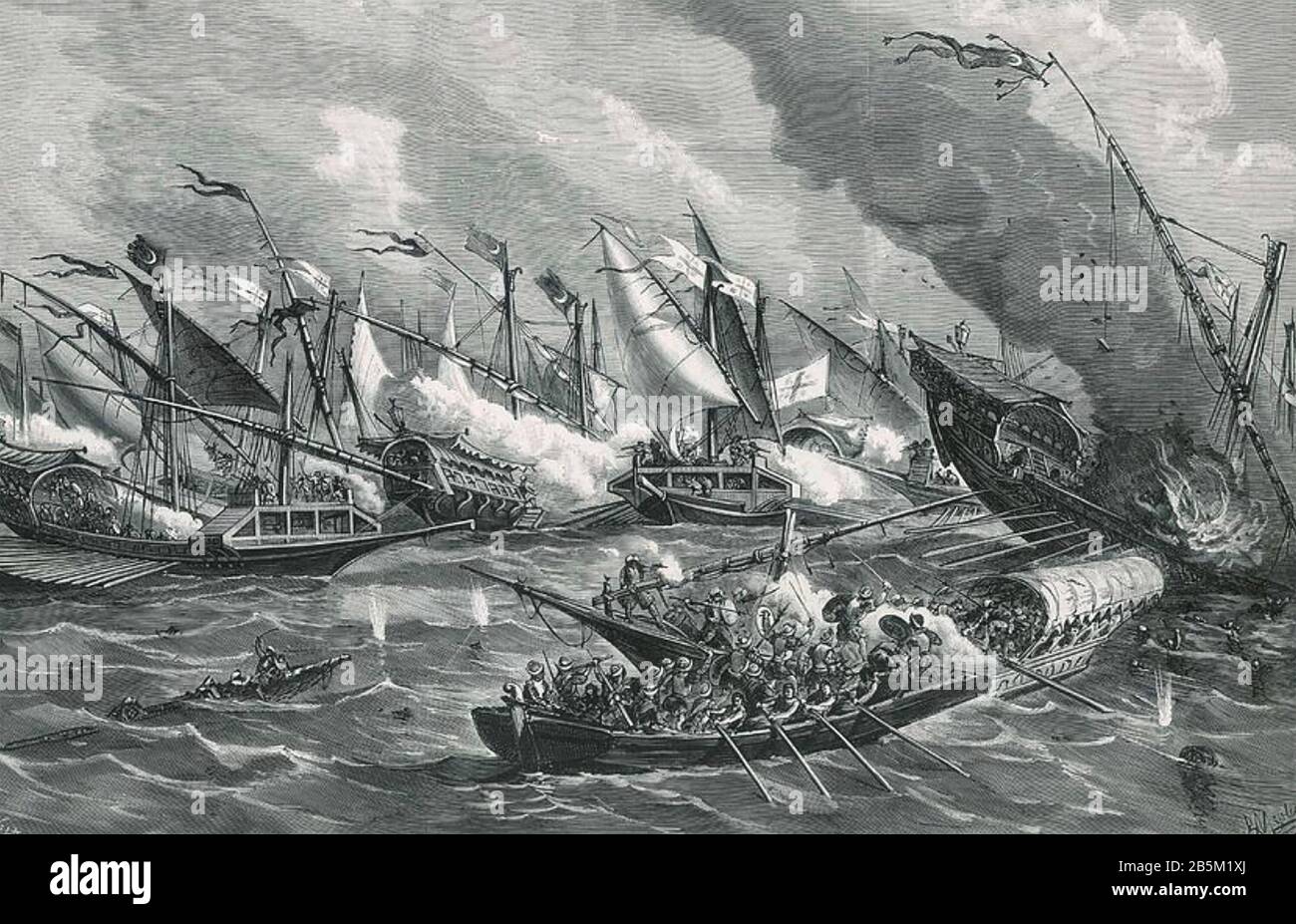 Schlacht VON LEPANTO 7. Oktober 1571, in der eine Koalition europäischer katholischer Staaten die osmanische Flotte besiegte Stockfoto
