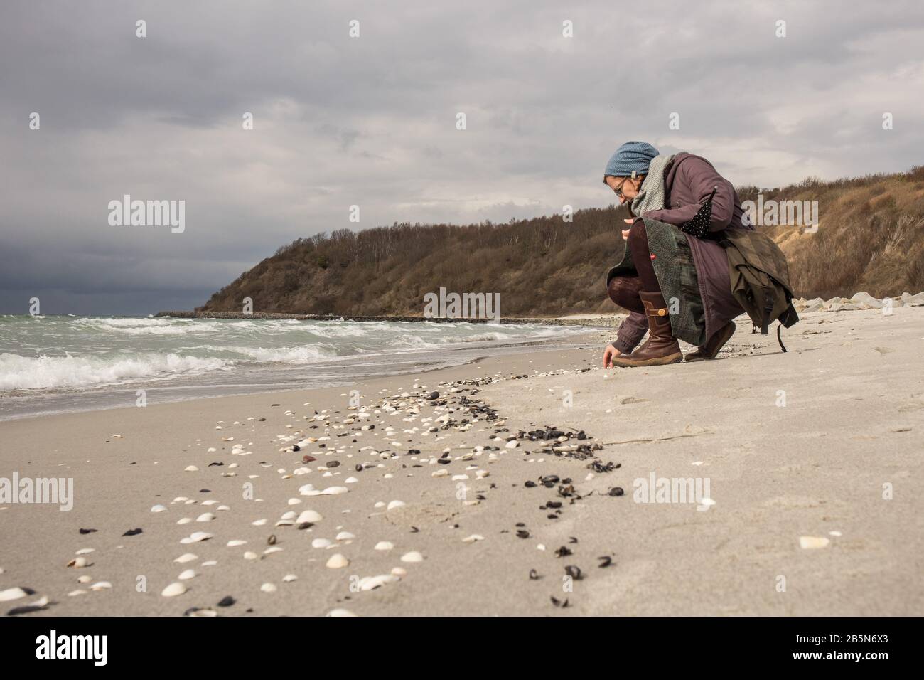 Hiddensee, 03-21-2017 eine Frau sammelt im Winter Steine und Muscheln am Strand Stockfoto