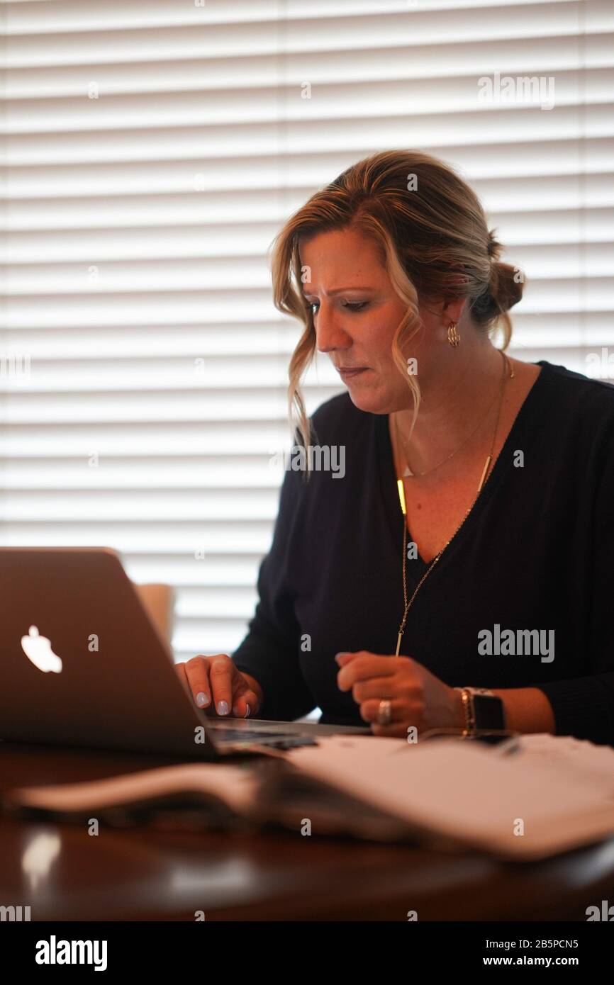 Eine Frau führt Geschäfte, während sie einen Laptop verwendet. Stockfoto
