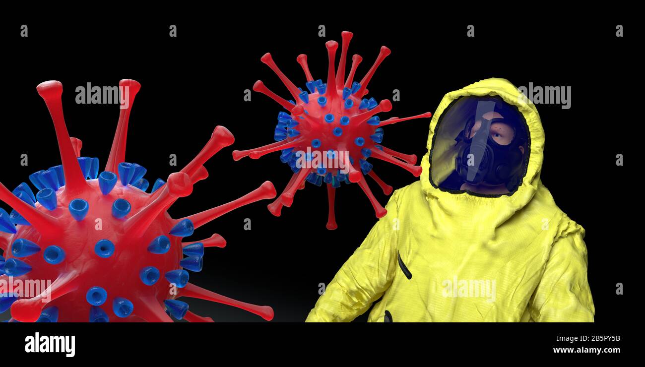 Corona Virus und Hazmat Anzug mit Gasmaske Wuhan Virus 3D Bild von Covid-19 Stockfoto