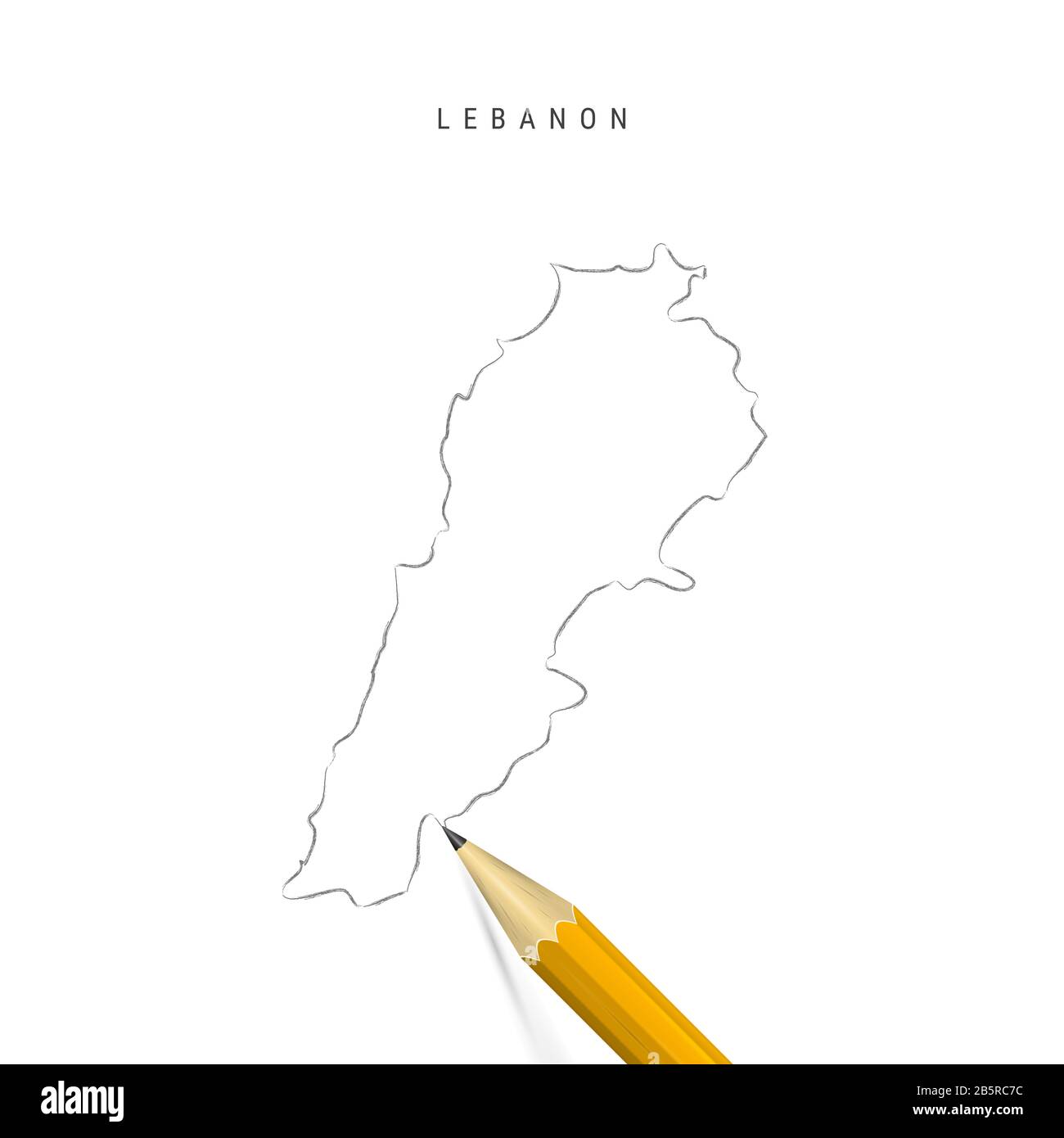 Libanesische Freihandbleistift-Skizze-Umrißkarte isoliert auf weißem Hintergrund. Leere handgezeichnete Karte des Libanon. Realistischer 3D-Bleistift mit weichem Schatten. Stockfoto