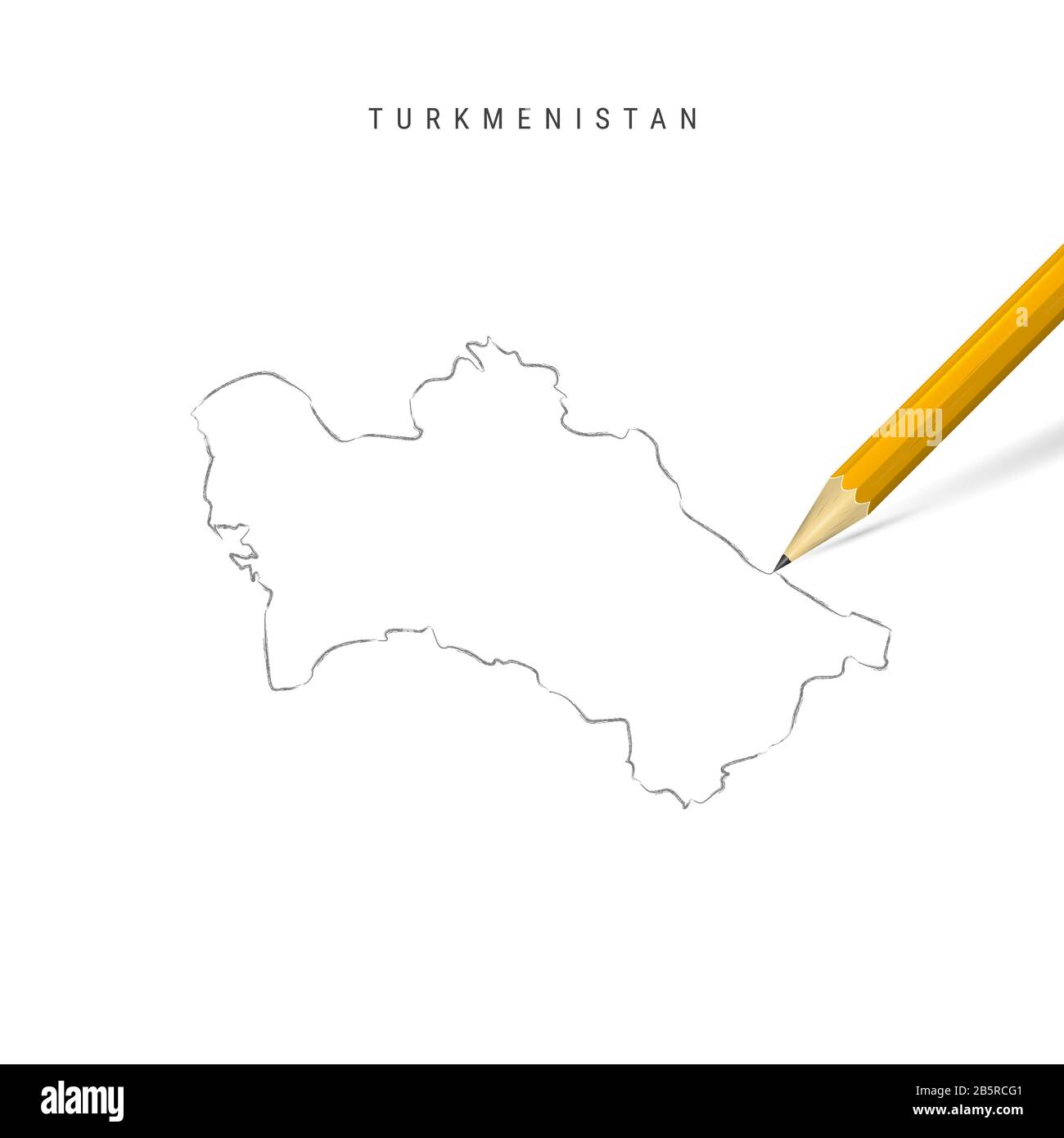 Turkmenistan Freihandbleistift Skizze Karte isoliert auf weißem Hintergrund. Leere handgezeichnete Karte von Turkmenistan. Realistischer 3D-Bleistift mit weichem Schad Stockfoto