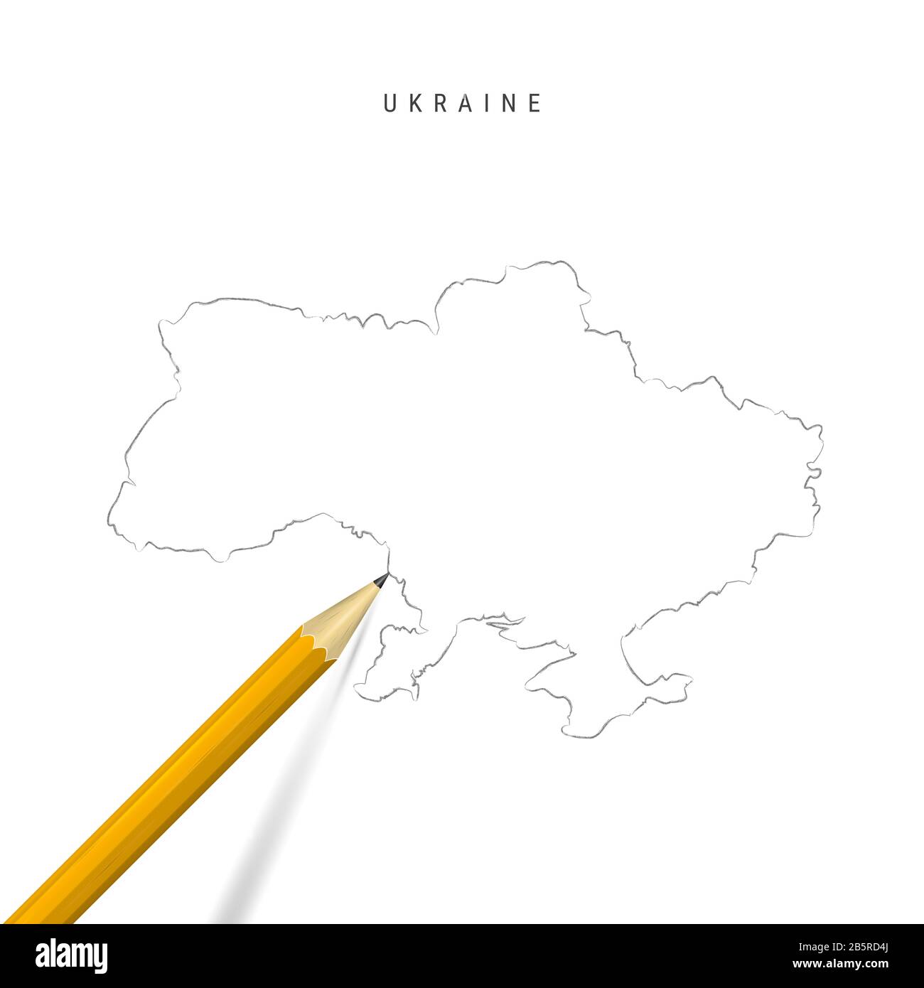Ukraine Freihandbleistift Skizze Karte isoliert auf weißem Hintergrund. Leere handgezeichnete Karte der Ukraine. Realistischer 3D-Bleistift mit weichem Schatten. Stockfoto