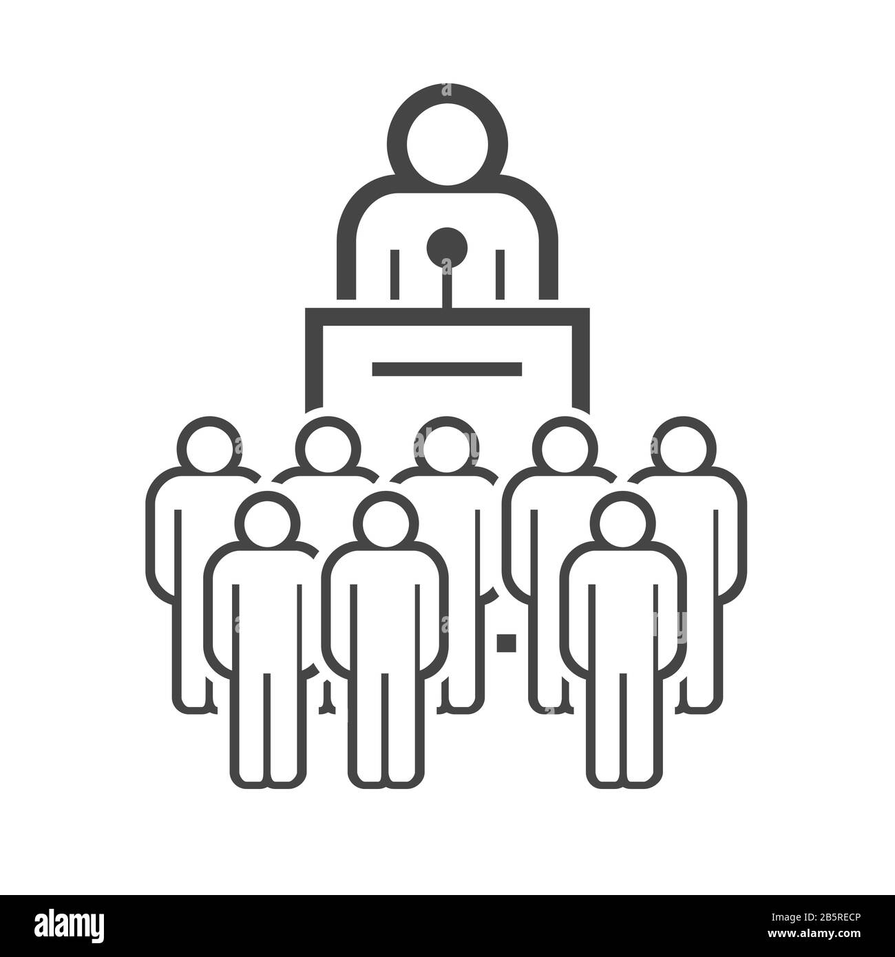 Orator spricht von Tribüne. Öffentlich-rechtlichen Sprecher. Menschen drängen, Wähler, Publikum. Linien-Symbol isoliert auf weißem Hintergrund. Stockfoto