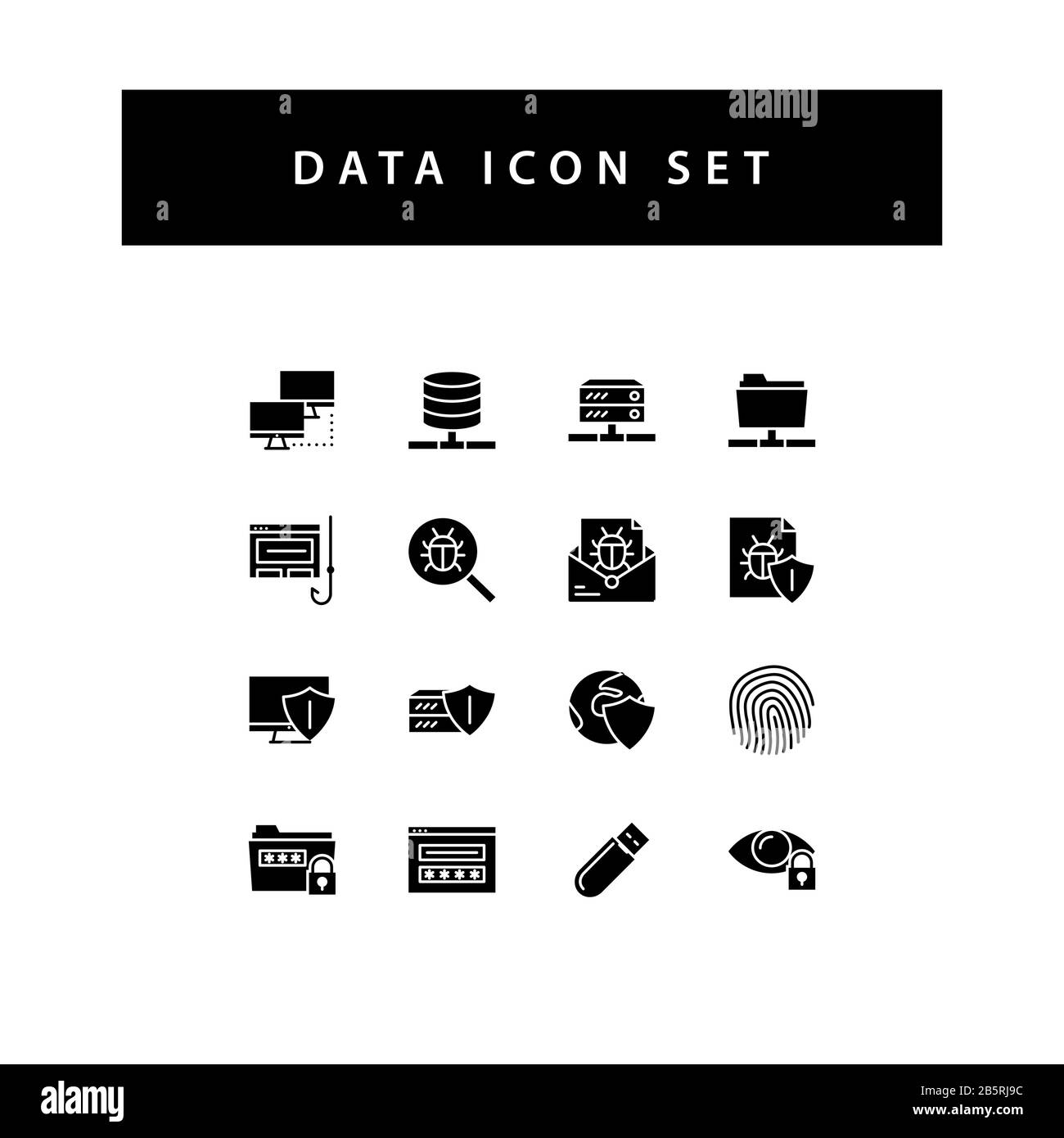 Symbolsatz für die gemeinsame Nutzung von Daten mit schwarzem Glyph-Design. Stock Vektor