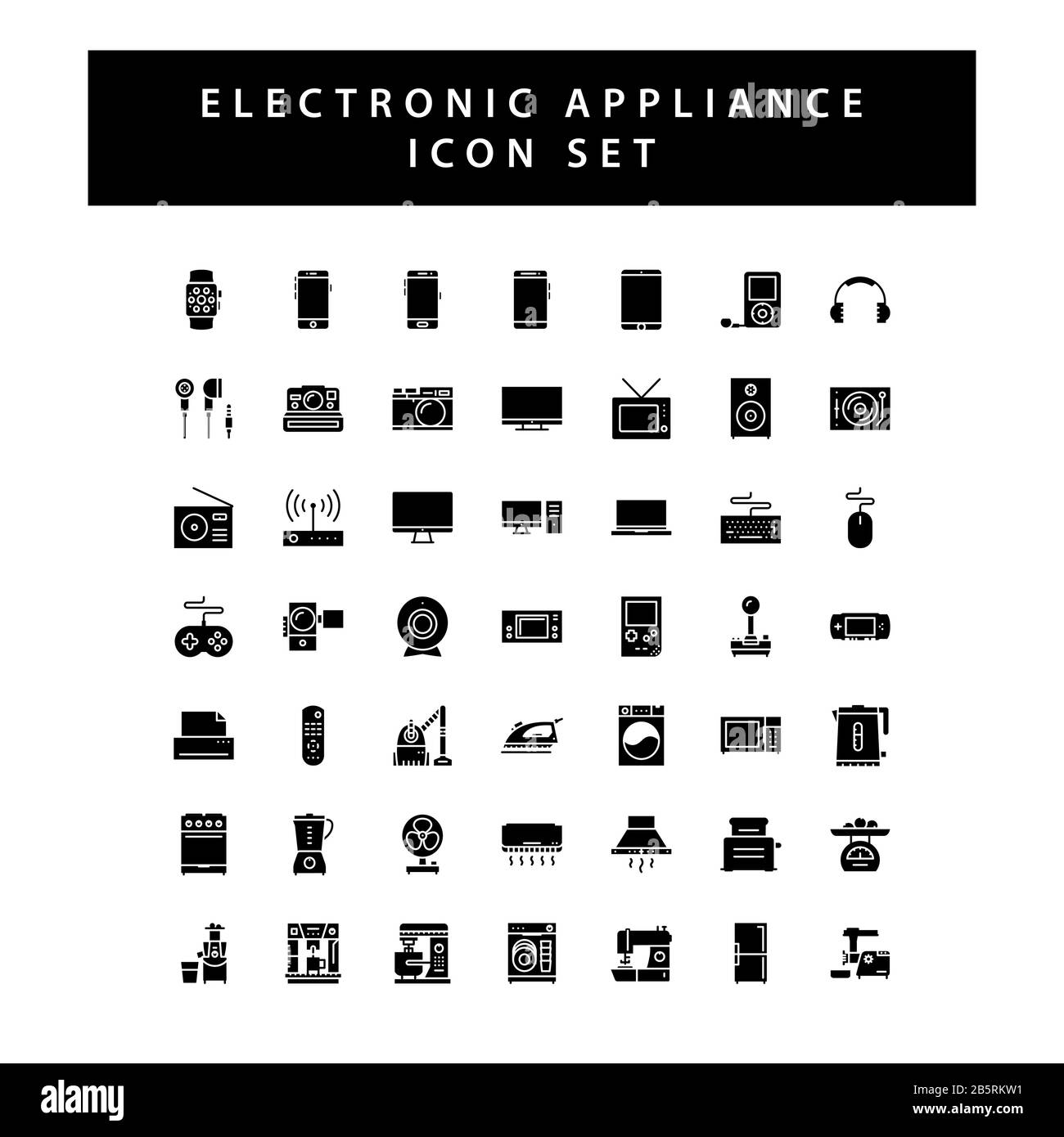 Haushaltsgeräte elektronische Symbol-Sets mit schwarzem Glyph-Design. Stock Vektor