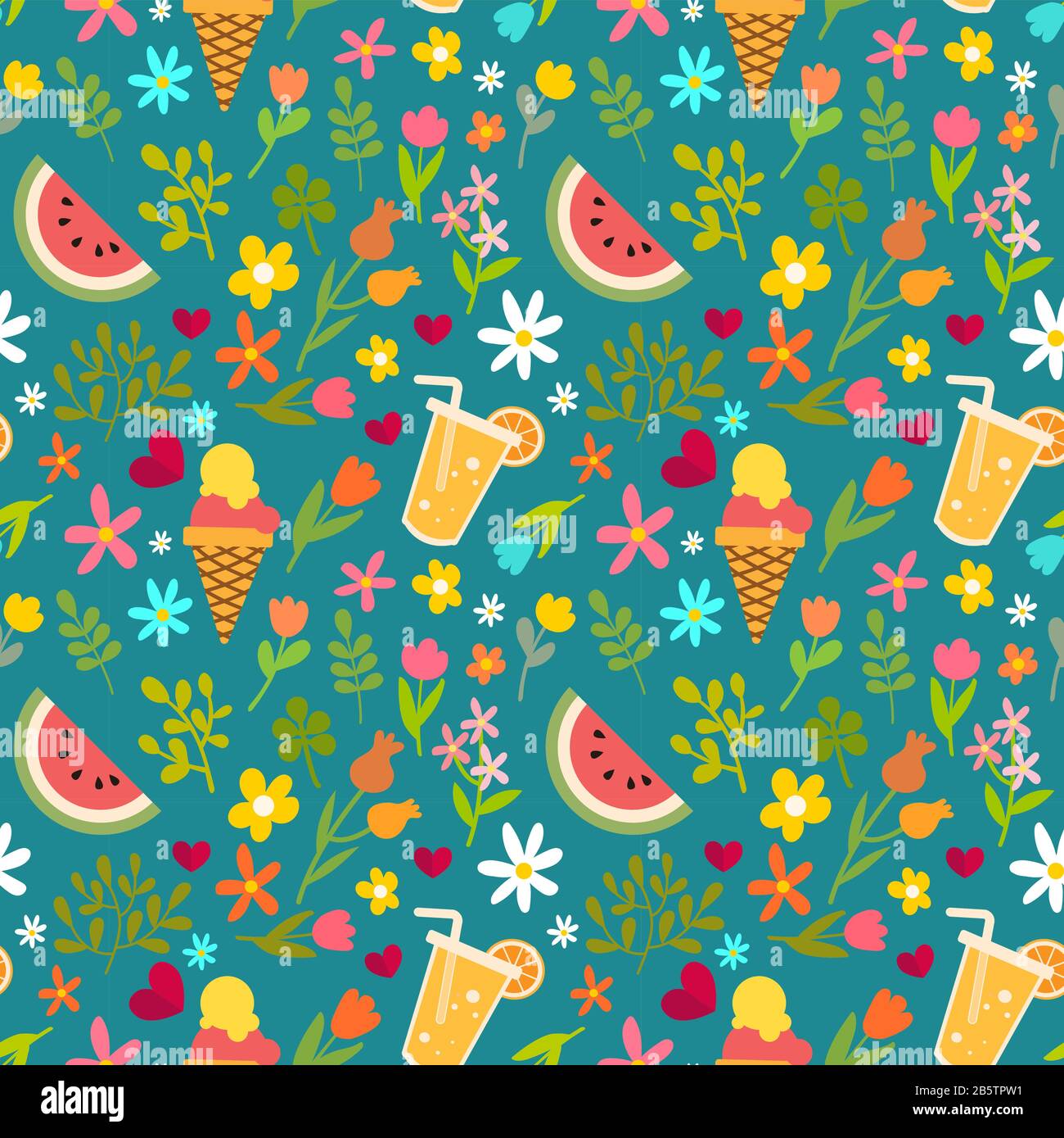 Nahtloses Vektor-Sommermuster mit Eiscreme, Wassermelone, Saft und Blumen Stock Vektor